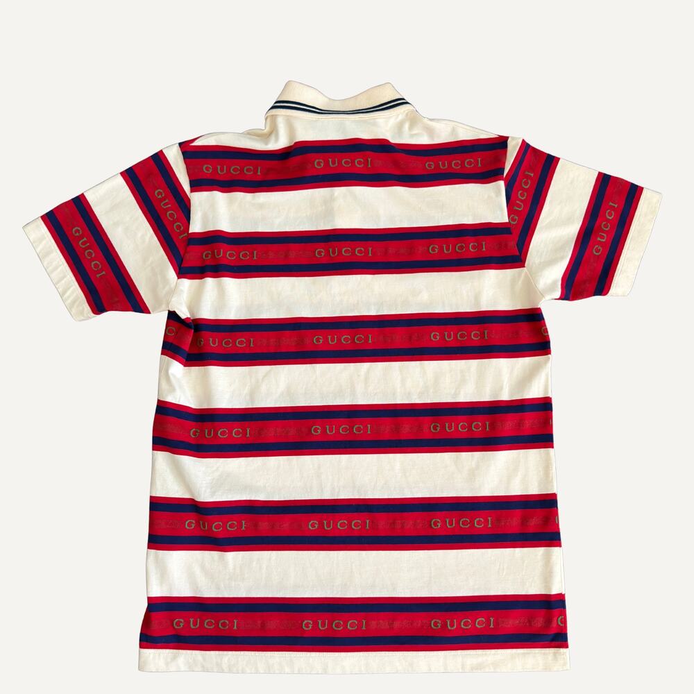 Gucci Striped Logo Polo Shirt Cream Red Navy Cotton Made in Italy Size S - Picture 2 of 7